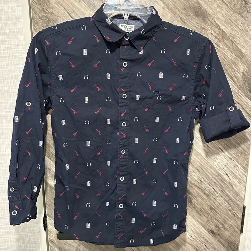 An Original Penguin Boys Long Sleeve Button Down Shirt Navy with Rock Details